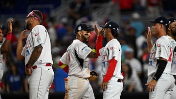 Panama players celebrate after winning the Caribbean Series baseball game between the Dominican Republic and Panama at LoanDepot Park in Miami, Florida, on February 7, 2024. (Photo by Chandan Khanna / AFP)