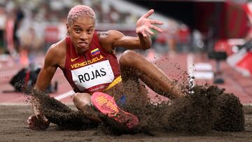 TOKYO, JAPAN - JULY 30: Yulimar Rojas of Team Venezuela competes in the Women's Triple Jump Qualification on day seven of the Tokyo 2020 Olympic Games at Olympic Stadium on July 30, 2021 in Tokyo, Japan. (Photo by Matthias Hangst/Getty Images)