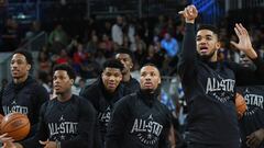 Jugadores del equipo capitaneado por Stephen Curry en el entrenamiento previo al All Star Game de la NBA.