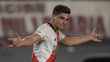 River Plate's forward Julian Alvarez celebrates after scoring against Patronato during the Argentine Professional Football League match at the Monumental stadium in Buenos Aires, Argentina, on February 16, 2022. (Photo by JUAN MABROMATA / AFP)