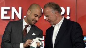 Pep Guardiola y Rummenigge, el día de la presentación del técnico.