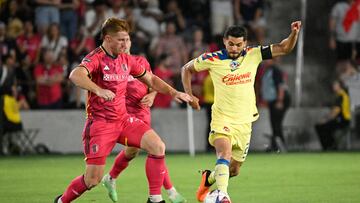 Jul 27, 2023; St. Louis, MO, USA; St. Louis City defender Tim Parker (26) attempts to defend against Club America forward Henry Martin (21) during the second half at CityPark. Mandatory Credit: Scott Rovak-USA TODAY Sports