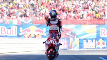 Misano Adriatico (Italy), 10/09/2023.- David Alonso of Colombia and Gaviota GASGAS Aspar M3 celebrate the victory of Moto 3 Race of the MotoGP of San Marino and Riviera di Rimini at Marco Simoncelli Circuit, Misano Adriatico, Italy, 10 September 2023. (Motociclismo, Ciclismo, Italia) EFE/EPA/DANILO DI GIOVANNI
