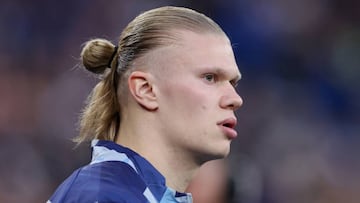 MANCHESTER, ENGLAND - MARCH 18: Erling Haaland of Manchester City looks on prior to the Emirates FA Cup Quarter Final match between Manchester City and Burnley at Etihad Stadium on March 18, 2023 in Manchester, England. (Photo by Alex Livesey - Danehouse/Getty Images)