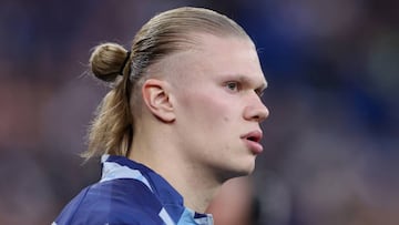 MANCHESTER, ENGLAND - MARCH 18:  Erling Haaland of Manchester City looks on prior to the Emirates FA Cup Quarter Final match between Manchester City and Burnley at Etihad Stadium on March 18, 2023 in Manchester, England. (Photo by Alex Livesey - Danehouse/Getty Images)