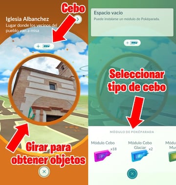 Dentro del visor de las Pok&eacute;paradas podemos girar el Fotodisco para obtener objetos o colocar cebos para atraer y evolucionar Pok&eacute;mon