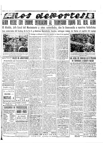 Página del periódico gijonés 'Voluntad', donde se recoge el recibimiento al Sporting en 1944.