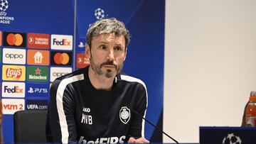 Antwerp's head coach Mark van Bommel gives a press conference on the eve of the team's Champions League football match against Barcelona in Antwerp, on December 12, 2023 in Antwerp. (Photo by Tom Goyvaerts / Belga / AFP) / Belgium OUT