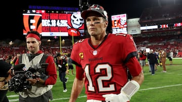 TAMPA, FLORIDA - DECEMBER 05: Tom Brady #12 of the Tampa Bay Buccaneers runs off the field after defeating the New Orleans Saints in the game at Raymond James Stadium on December 05, 2022 in Tampa, Florida. The Tampa Bay Buccaneers defeated the New Orleans Saints with a score of 17 to 16. Mike Carlson/Getty Images/AFP (Photo by Mike Carlson / GETTY IMAGES NORTH AMERICA / Getty Images via AFP)