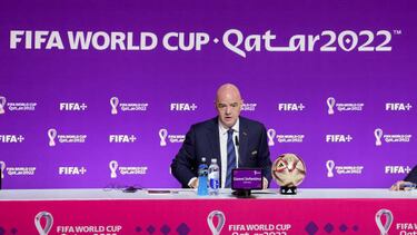 DOHA, QATAR - DECEMBER 16: FIFA President Gianni Infantion speaks to media during the Press Conference ahead of the Third Place and Final matches of FIFA World Cup Qatar 2022 at the Main Media Center on December 16, 2022 in Doha, Qatar. (Photo by Mohammad Karamali/DeFodi Images via Getty Images)