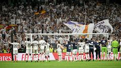 Real Madrid's celebrate victory with supporters at the end of the Spanish league football match between Real Madrid CF and FC Barcelona at the Santiago Bernabeu stadium in Madrid on April 21, 2024. Real Madrid won 3-2. (Photo by JAVIER SORIANO / AFP)