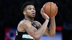 Milwaukee Bucks forward Giannis Antetokounmpo controls the ball during the NBA basketball match between Milwaukee Bucks and Charlotte Hornets at The AccorHotels Arena in Paris on January 24, 2020. (Photo by FRANCK FIFE / AFP)