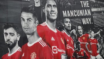 Soccer Football - A picture of Cristiano Ronaldo with teammates is displayed on the outside of Old Trafford - Old Trafford, Manchester, Britain - September 9, 2021 A picture of Cristiano Ronaldo with teammates is seen on the outside of Old Trafford REUTER