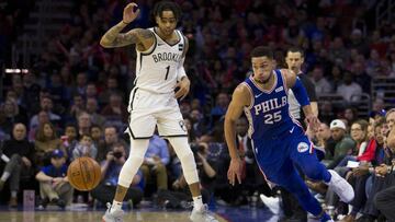 PHILADELPHIA, PA - APRIL 15: Ben Simmons #25 of the Philadelphia 76ers chases the ball against D&#039;Angelo Russell #1 of the Brooklyn Nets in the third quarter of Game Two of Round One of the 2019 NBA Playoffs at the Wells Fargo Center on April 15, 2019 in Philadelphia, Pennsylvania. The 76ers defeated the Nets 145-123. NOTE TO USER: User expressly acknowledges and agrees that, by downloading and or using this photograph, User is consenting to the terms and conditions of the Getty Images License Agreement.   Mitchell Leff/Getty Images/AFP
 == FOR NEWSPAPERS, INTERNET, TELCOS &amp; TELEVISION USE ONLY ==