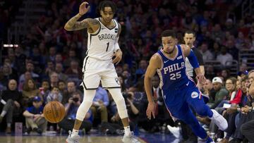 PHILADELPHIA, PA - APRIL 15: Ben Simmons #25 of the Philadelphia 76ers chases the ball against D'Angelo Russell #1 of the Brooklyn Nets in the third quarter of Game Two of Round One of the 2019 NBA Playoffs at the Wells Fargo Center on April 15, 2019 in Philadelphia, Pennsylvania. The 76ers defeated the Nets 145-123. NOTE TO USER: User expressly acknowledges and agrees that, by downloading and or using this photograph, User is consenting to the terms and conditions of the Getty Images License Agreement. Mitchell Leff/Getty Images/AFP
== FOR NEWSPAPERS, INTERNET, TELCOS & TELEVISION USE ONLY ==