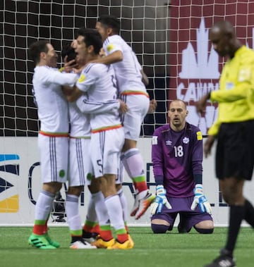 Canada goalkeeper Milan Borjan (18) watches as Mexico's Jesus Manuel Corona is congratulated by teammates after scoring during the second half of a FIFA World Cup qualifying soccer match Friday, March 25, 2016, in Vancouver, British Columbia. Mexico won 3