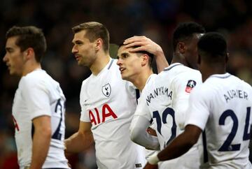 Erik Lamela of Tottenham Hotspur celebrates after scoring his sides second goal against Newport County.