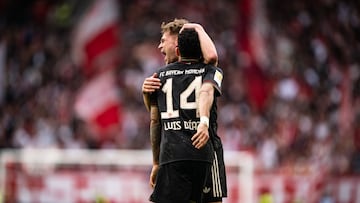 FREIBURG IM BREISGAU, GERMANY - APRIL 04: Joshua Kimmich and Luis Diaz of FC Bayern Muenchen celebrate the winning goal during the Bundesliga match between SC Freiburg and FC Bayern München at Europa-Park Stadion on April 04, 2026 in Freiburg im Breisgau, Germany. (Photo by A. Scheuber/FC Bayern via Getty Images)
