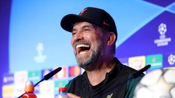 PARIS, FRANCE - MAY 27: Juergen Klopp, Manager of Liverpool laughs as they speak to the media in the Liverpool FC Press Conference at Stade de France on May 27, 2022 in Paris, France. Liverpool will face Real Madrid in the UEFA Champions League final on May 28, 2022. (Photo by Alexander Hassenstein - UEFA/UEFA via Getty Images)