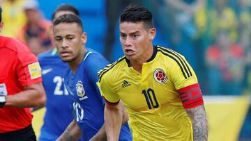 James Rodr&iacute;guez ante la marca de Neymar en el partido entre Colombia y Brasil por Eliminatorias rumbo a Rusia 2018.