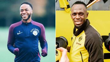 Imágenes del futbolista Raheem Sterling y del exatleta Usain Bolt en un entrenamiento del Manchester City y del Borussia Dortmund respectivamente.