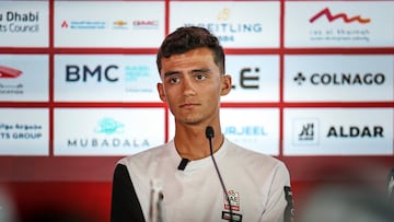 UAE Team Emirates's Mexican rider Isaac del Toro attends a press conference on the eve of the UAE Tour cycling event in Abu Dhabi on February 15, 2026. (Photo by FADEL SENNA / AFP)