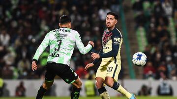 (L-R), Ismael Govea of Santos and Diego Valdes of America during the game Santos vs America corresponding to day 05 of the Torneo Clausura Grita Mexico C22 of Liga BBVA MX, at TSM Corona Stadium, on February 12, 2022.
<br><br>
(I-D), Ismael Govea de Santos y Diego Valdes de America durante el partido Santos vs America, correspondiente a la Jornada 05 del Torneo Clausura Grita Mexico C22 de la Liga BBVA MX, en el Estadio TSM Corona, el 12 de Febrero de 2022.