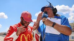 Bubba Wallace reacts to claiming his first career NASCAR Cup Series pole at Michigan, and knocking Christopher Bell off the pole