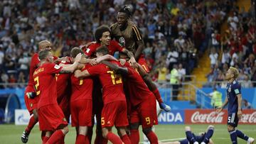 Belgium's players celebrate Nacer Chadli's third side's goal during the round of 16 match between Belgium and Japan at the 2018 soccer World Cup in the Rostov Arena, in Rostov-on-Don, Russia, Monday, July 2, 2018. (AP Photo/Rebecca Blackwell)