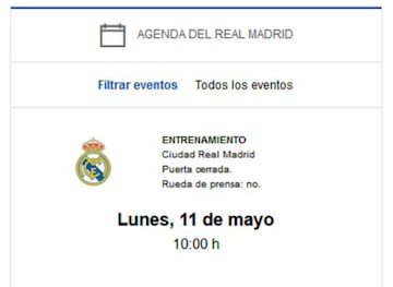 La web oficial del Real Madrid anuncia la vuelta a los entrenamientos para el 11 de mayo.