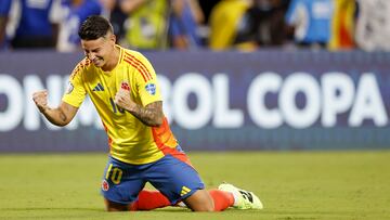 Charlotte (United States), 11/07/2024.- Colombia's James Rodriguez reacts to defeating Uruguay in the CONMEBOL Copa America 2024 semi-finals match between Uruguay and Colombia at Bank of America stadium in Charlotte, North Carolina, USA, 10 July 2024. EFE/EPA/ERIK S. LESSER