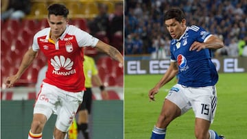 Los delanteros Rubén Bentancourt y Roberto Ovelar durante partidos con Santa Fe y Millonarios respectivamente por Liga Águila