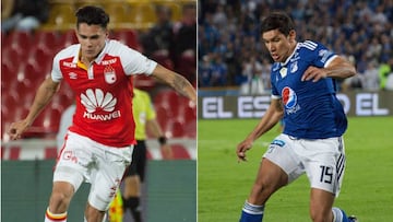 Los delanteros Rub&eacute;n Bentancourt y Roberto Ovelar durante partidos con Santa Fe y Millonarios respectivamente por Liga &Aacute;guila