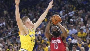 January 3, 2019; Oakland, CA, USA; Houston Rockets guard James Harden (13) shoots the basketball against Golden State Warriors forward Jonas Jerebko (21) during the first quarter at Oracle Arena. Mandatory Credit: Kyle Terada-USA TODAY Sports