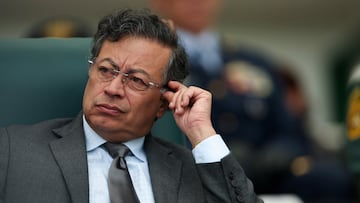 Colombian President Gustavo Petro reacts during the troop recognition ceremony for the newly appointed Minister of Defense, Pedro Sanchez, at the Jose Maria Cordova Military Cadet School in Bogota, Colombia, March 11, 2025. REUTERS/Luisa Gonzalez