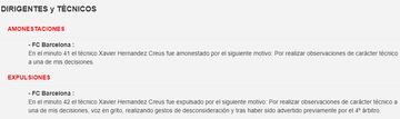 Acta arbitral del Atlético de Madrid - Barcelona.