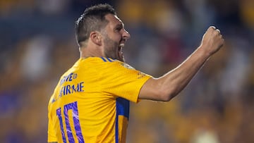 Tigres' Andre-Pierre Gignac celebrates after scoring against Cruz Azul during their Mexican Apertura 2023 football tournament match at the Universitario stadium in Monterrey, Mexico, on October 21, 2023. (Photo by Julio Cesar AGUILAR / AFP)