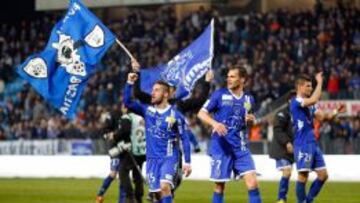 Los jugadores del Bastia celebran la victoria frente al Olympique de Lyon.