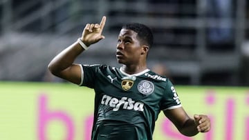 SAO PAULO, BRAZIL - OCTOBER 06: Endrick of Palmeiras gestures after the match between Palmeiras and Coritiba as part of Brasileirao Series A 2022 at Allianz Parque on October 06, 2022 in Sao Paulo, Brazil. (Photo by Alexandre Schneider/Getty Images)