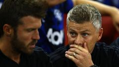 Manchester United&#039;s Norwegian manager Ole Gunnar Solskjaer looks on before the 2019 International Champions Cup football match between Manchester United and A C Milan at the Principality Stadium, Cardiff on August 3, 2019. (Photo by GEOFF CADDICK / A