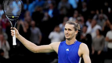 Germany's Alexander Zverev celebrates after winning against France's Ugo Humbert the men's singles final match on day seven of the Paris ATP Masters 1000 tennis tournament at the Accor Arena - Palais Omnisports de Paris-Bercy - in Paris on November 3, 2024. (Photo by Dimitar DILKOFF / AFP)