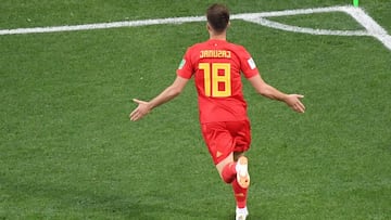 Belgium&#039;s forward Adnan Januzaj celebrates scoring the opening goal during the Russia 2018 World Cup Group G football match between England and Belgium at the Kaliningrad Stadium in Kaliningrad on June 28, 2018. / AFP PHOTO / Kirill KUDRYAVTSEV / RES