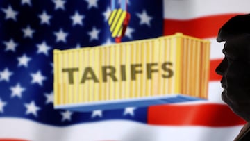 FILE PHOTO: A 3D-printed miniature model of U.S. President Donald Trump, U.S. Flag and word "Tariffs" are seen in this illustration taken, April 2, 2025. REUTERS/Dado Ruvic/Illustration/File Photo