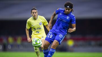 (L-R), Aurelie Kaci of America and Mia Fishel of Tigres during the game America vs Tigres UANL, corresponding to first leg Semifinals of the Torneo Clausura 2023 of the BBVA MX Womens League, at Azteca Stadium, on May 26, 2023.

<br><br>

(I-D), Aurelie Kaci y Mia Fishel durante el partido América vs Tigres UANL, Correspondiente al partido de Ida de Semifinales del Torneo Clausura 2023 de la Liga BBVA MX Femenil, en El Estadio Azteca, el 26 de Mayo de 2023