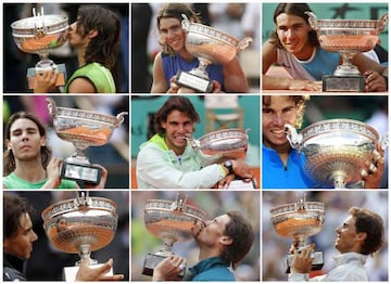 Rafael Nadal of Spain holds each of his nine French Open Tennis tournament tennis championship trophies.