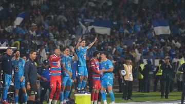 Jun 1, 2025; Mexico City, MEX; Cruz Azul midfielder Ignacio Rivero (15) celebrate during the second half against the Vancouver Whitecaps FC during the final of the Concacaf Champions Cup at Estadio Olímpico Universitario. Mandatory Credit: Kirby Lee-Imagn Images