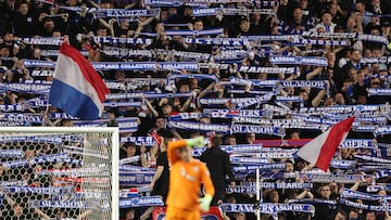 Rangers fans react after the UEFA Europa League quarter final football match between Rangers and Athletic Club Bilbao at the Ibrox Stadium in Glasgow on April 10, 2025. (Photo by Ewan Bootman / AFP)