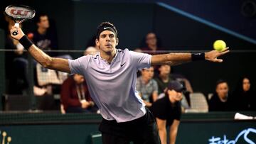 EPA4739. PARÍS (FRANCIA), 01/11/2017.- El tenista argentino Juan-Martín del Potro devuelve la bola al portugués Joao Souza, durante el partido de segunda ronda del Masters 1.000 de París, Francia, el 1 de noviembre del 2017. EF