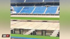 Javier Carrieta Sierra posted a video to his Twitter showing Real Madrid’s Santiago Bernabeu Stadium with its new grass slabs coming out from underground.