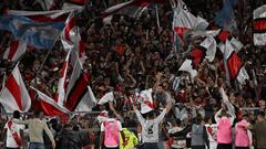 River Plate's midfielder Enzo Perez (C) celebrates after his teammate Colombian forward Miguel Borja (L) scored a penalty kick against Boca Juniors during their Argentine Professional Football League Tournament 2023 match at El Monumental stadium in Buenos Aires on May 7, 2023. (Photo by Luis ROBAYO / AFP)